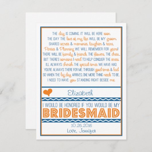 Bent u mijn Bridesmaid? Navy Blue/Oranje gedicht Kaart (Voorkant / Achterkant)