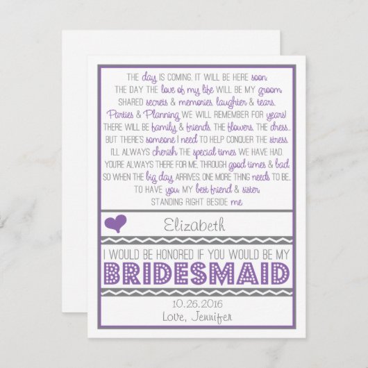 Bent u mijn Bridesmaid? Paarse/grijze kaart (Voorkant / Achterkant)