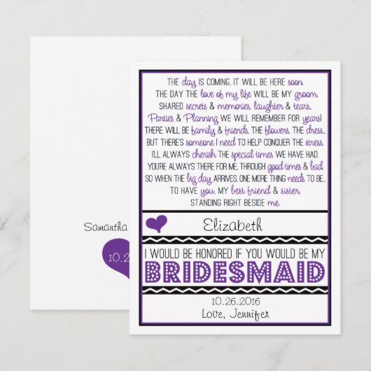 Bent u mijn Bridesmaid? Paarse/zwarte kaart (Voorkant / Achterkant)