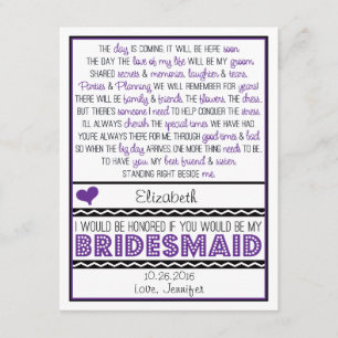 Bent u mijn Bridesmaid? Paarse/zwarte kaart