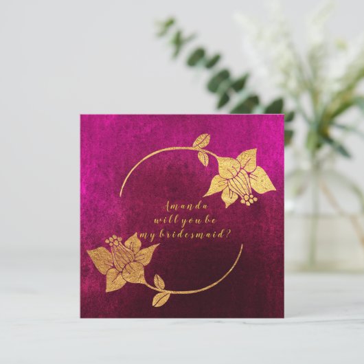 Bent u mijn Bridesmaid Pink Fuchsia Velvet Gold Kaart (Staand voorkant)