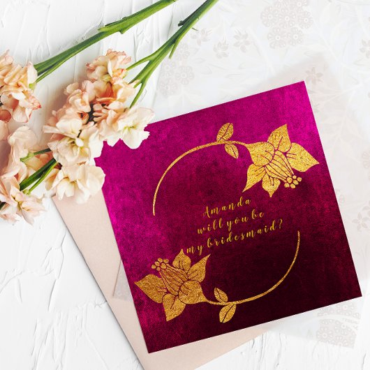 Bent u mijn Bridesmaid Pink Fuchsia Velvet Gold Kaart