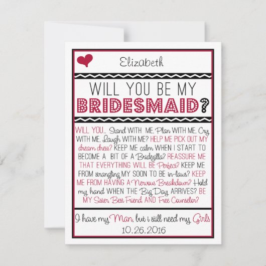 Bent u mijn Bridesmaid? Rode/zwarte inktkaart Kaart (Voorkant)