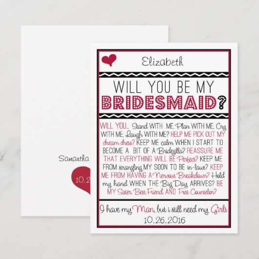 Bent u mijn Bridesmaid? Rode/zwarte inktkaart Kaart (Voorkant / Achterkant)
