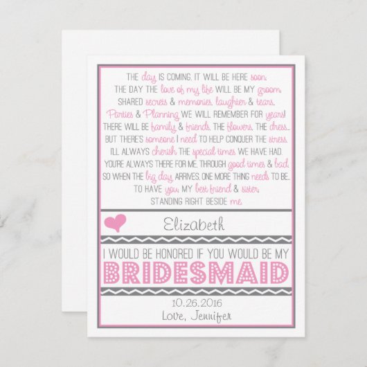 Bent u mijn Bridesmaid? Roze/grijze gedicht kaart (Voorkant / Achterkant)