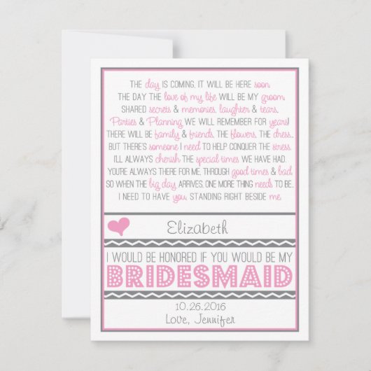 Bent u mijn Bridesmaid? Roze/grijze geheugenkaart Kaart (Voorkant)
