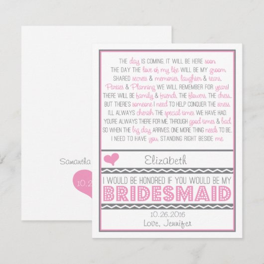 Bent u mijn Bridesmaid? Roze/grijze geheugenkaart  Kaart (Voorkant / Achterkant)