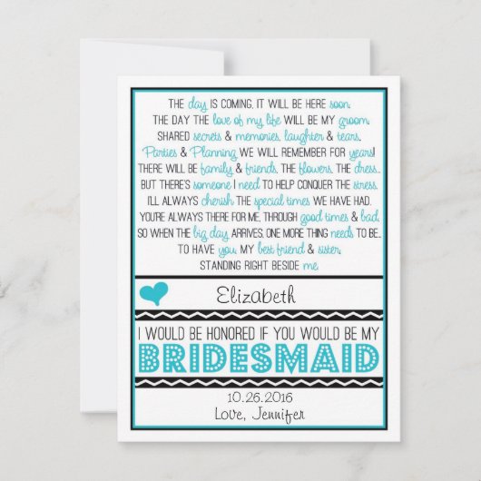 Bent u mijn Bridesmaid? Turquoise/Black Poem Kaart (Voorkant)