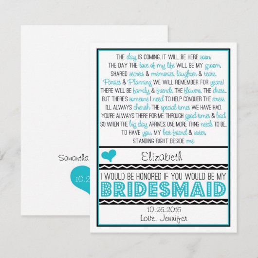 Bent u mijn Bridesmaid? Turquoise/Black Poem Kaart (Voorkant / Achterkant)