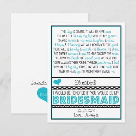 Bent u mijn Bridesmaid? Turquoise/Black Poem V2 Kaart (Voorkant / Achterkant)
