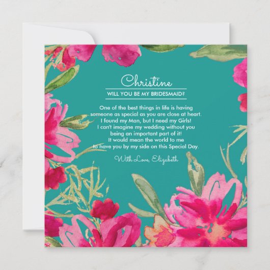Bent u mijn Bridesmaid? Turquoise Fuchsia Kaart (Voorkant)