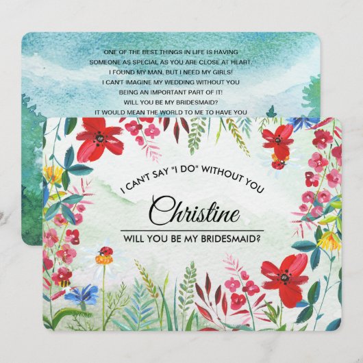 Bent u mijn Bridesmaid? Wilde Meadow Wildbloemen Kaart (Voorkant / Achterkant)