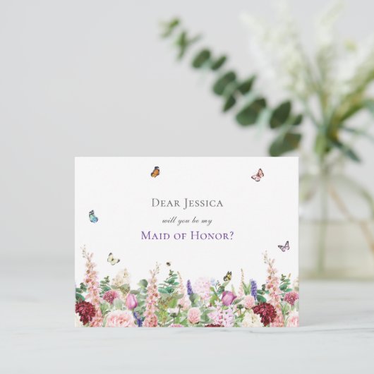 Bent u mijn dienstmeisje? | Roze Paarse Floral Uitnodiging Briefkaart (Staand voorkant)