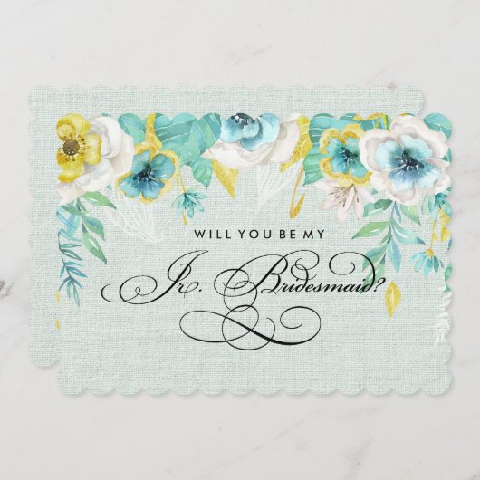 Bent u mijn Jr.Bridesmaid? Mint Floral Burlap Kaart (Voorkant / Achterkant)