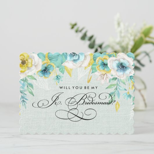 Bent u mijn Jr.Bridesmaid? Mint Floral Burlap Kaart (Staand voorkant)