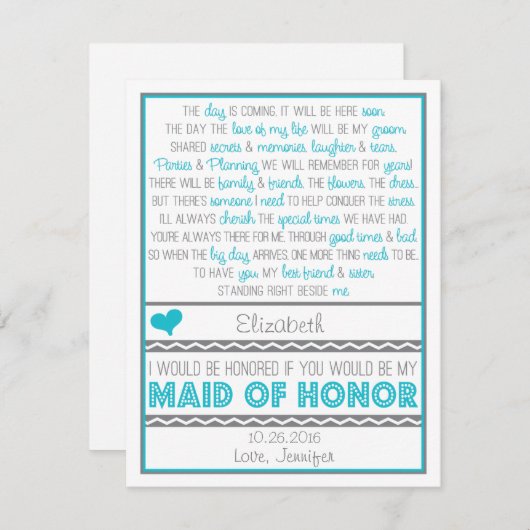 Bent u mijn Maid of Honor? Blauw/grijs gedicht Kaart (Voorkant / Achterkant)