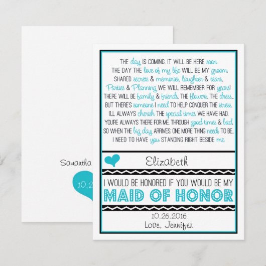 Bent u mijn Maid of Honor? Blauw/zwart gedicht V2 Kaart (Voorkant / Achterkant)