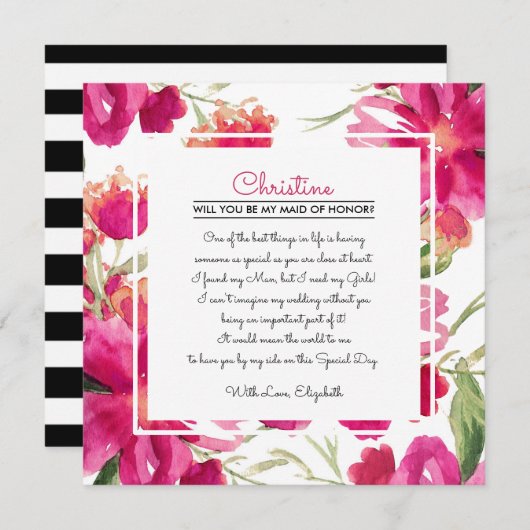 Bent u mijn Maid of Honor? Fuchsia Floral Kaart (Voorkant / Achterkant)