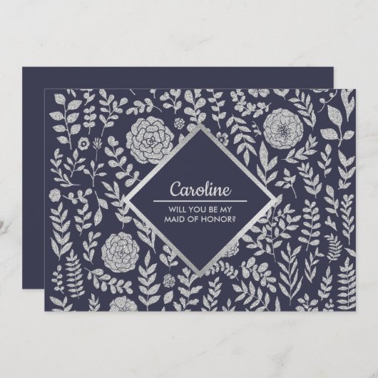 Bent u mijn Maid of Honor? Navy Blue Silver Kaart (Voorkant / Achterkant)