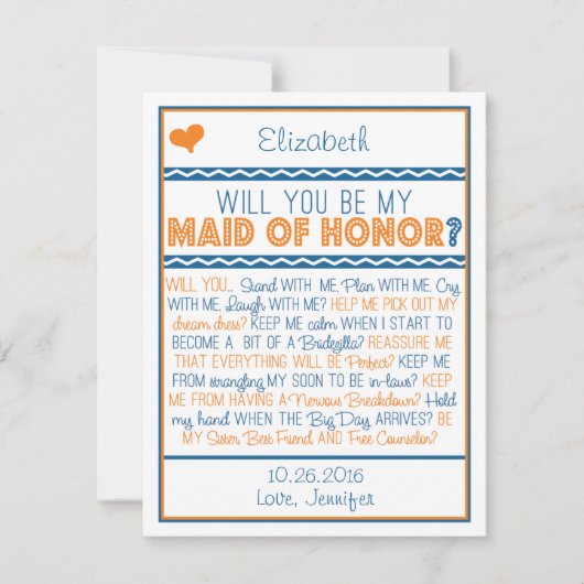 Bent u mijn Maid of Honor? Navy/Oranje gedicht Kaart (Voorkant)