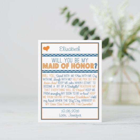Bent u mijn Maid of Honor? Navy/Oranje gedicht Kaart (Staand voorkant)