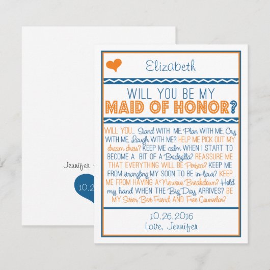 Bent u mijn Maid of Honor? Navy/Oranje gedicht Kaart (Voorkant / Achterkant)