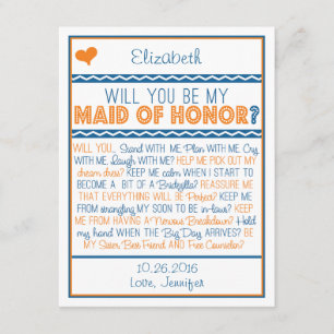 Bent u mijn Maid of Honor? Navy/Oranje gedicht Kaart