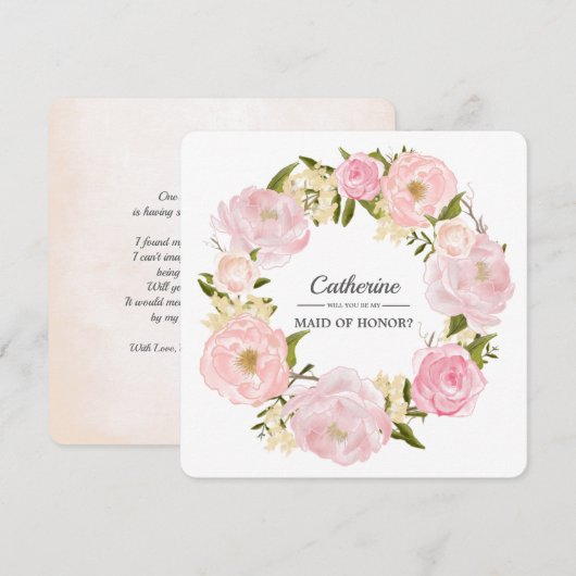 Bent u mijn Maid of Honor? Pink Peony Wreath Kaart (Voorkant / Achterkant)