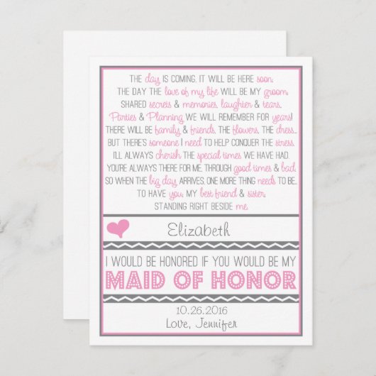 Bent u mijn Maid of Honor? Roze/grijze gedicht kaa Kaart (Voorkant / Achterkant)