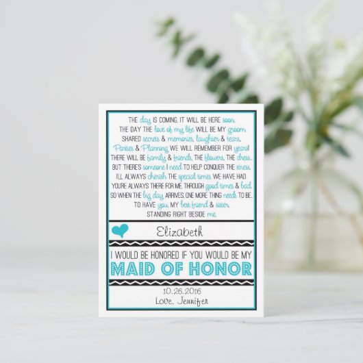 Bent u mijn Maid of Honor? Turquoise/Black Poem Kaart (Staand voorkant)