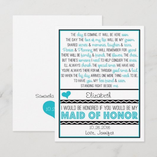 Bent u mijn Maid of Honor? Turquoise/Black Poem Kaart (Voorkant / Achterkant)