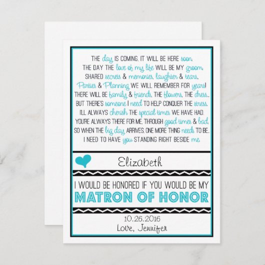 Bent u mijn Matron of Honor? Blauw/zwart gedicht V Kaart (Voorkant / Achterkant)