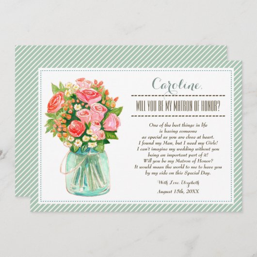 Bent u mijn Matron of Honor? Mason Jar Floral Kaart (Voorkant / Achterkant)