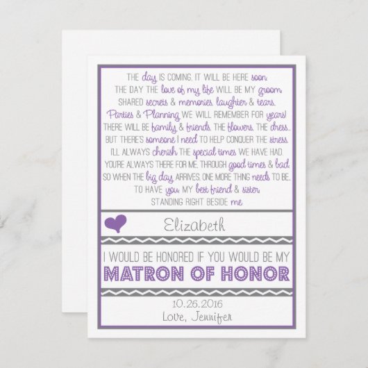 Bent u mijn Matron of Honor? Paars/grijs gedicht Kaart (Voorkant / Achterkant)