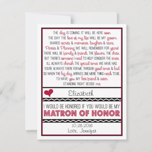Bent u mijn Matron of Honor? Rood/zwart gedicht Kaart (Voorkant)