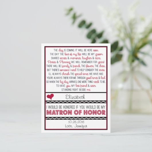 Bent u mijn Matron of Honor? Rood/zwart gedicht Kaart (Staand voorkant)