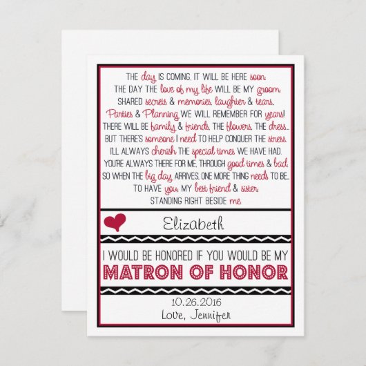 Bent u mijn Matron of Honor? Rood/zwart gedicht Kaart (Voorkant / Achterkant)