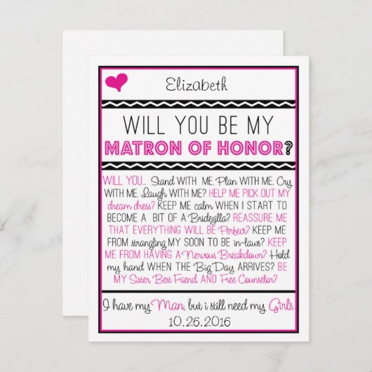 Bent u mijn Matron of Honor? Roze/zwarte collage Kaart (Voorkant / Achterkant)