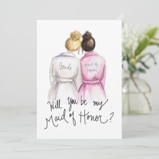 Bent u mijn MOH? Bl Bun Bride Dk Br Bun Maid Bedankkaart (Staand voorkant)