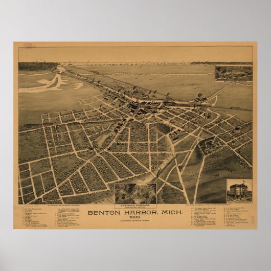 Benton Harbour Michigan 1889 Antiek Panoramische K Poster (Voorkant)