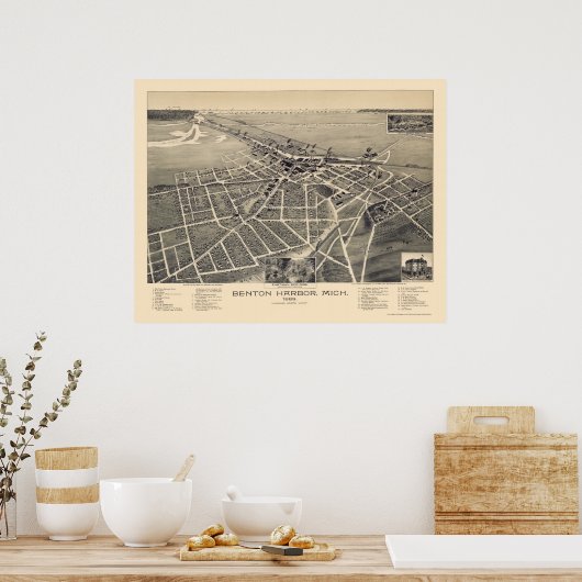 Benton Harbour, Michigan Panoramic Map - 1889 Poster (Keuken)