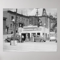 Benzinepomp in Montana, 1939. Oude foto
