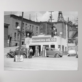 Benzinepomp in Montana, 1939. Oude foto Poster