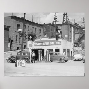 Benzinepomp in Montana, 1939. Oude foto Poster