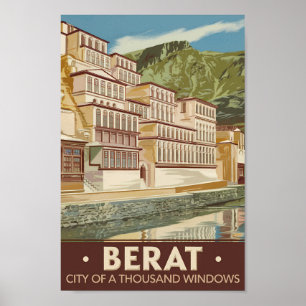 Berat Albanië Illustratie Reizen Art Vintage Poster