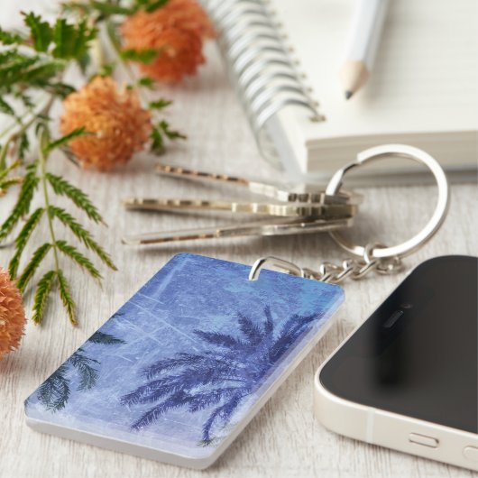 Bercelona Blue Palm-boom Grunge Digital Art Design Sleutelhanger (Voorkant Rechts)
