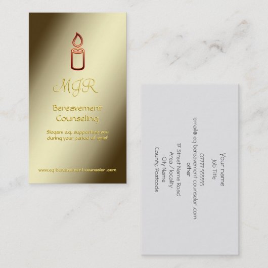 Bereavement Counselor with Monogram, Gold Candle Visitekaartje (Voorkant / Achterkant)