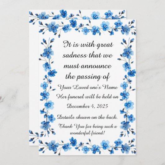 Bereavement Funeral Notification of Passing Card Feestdagenkaart (Voorkant / Achterkant)