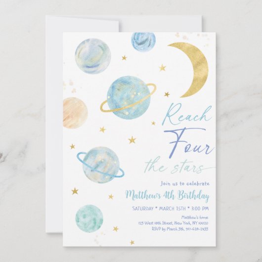 Bereik de VIER sterren Blue Space Verjaardag Kaart (Voorkant)