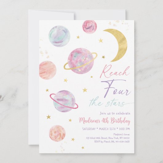 Bereik de VIER sterren Pink Space Verjaardag Kaart (Voorkant)